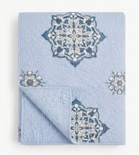 Bild in Galerie-Viewer laden, Nahaufnahme des kontrastreichen Suzani-Musters auf der hellblauen handbestickten Baumwolldecke.