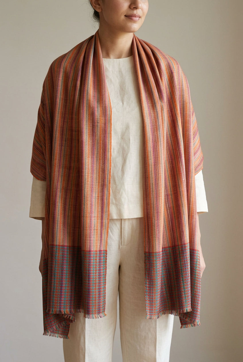 GIANI Pashmina mit bunten Streifen und grün-rot karierten Enden, über einem cremefarbenen Outfit getragen.

