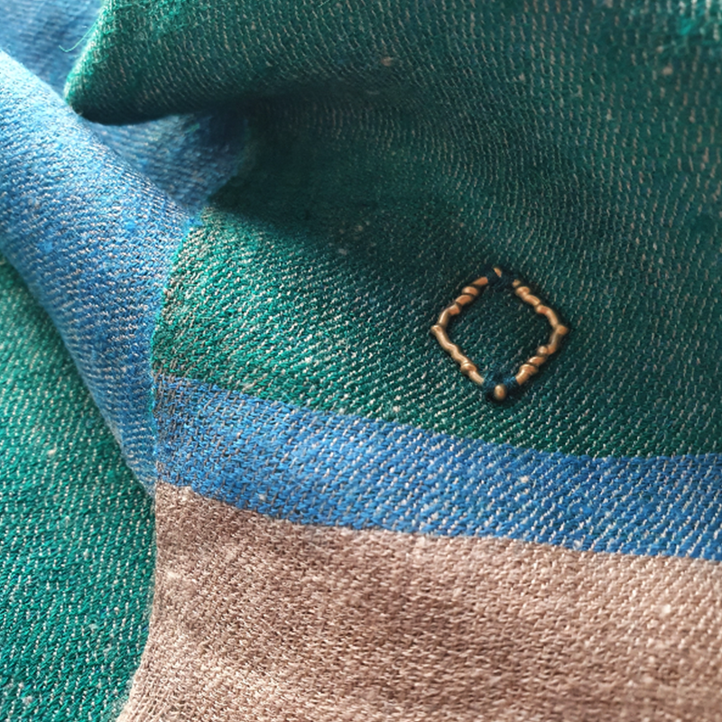 Nahaufnahme des GURU aus Ladakhi Kaschmir mit grün-blauem Gewebe, beiger Borde und kleinem Rautendetail.