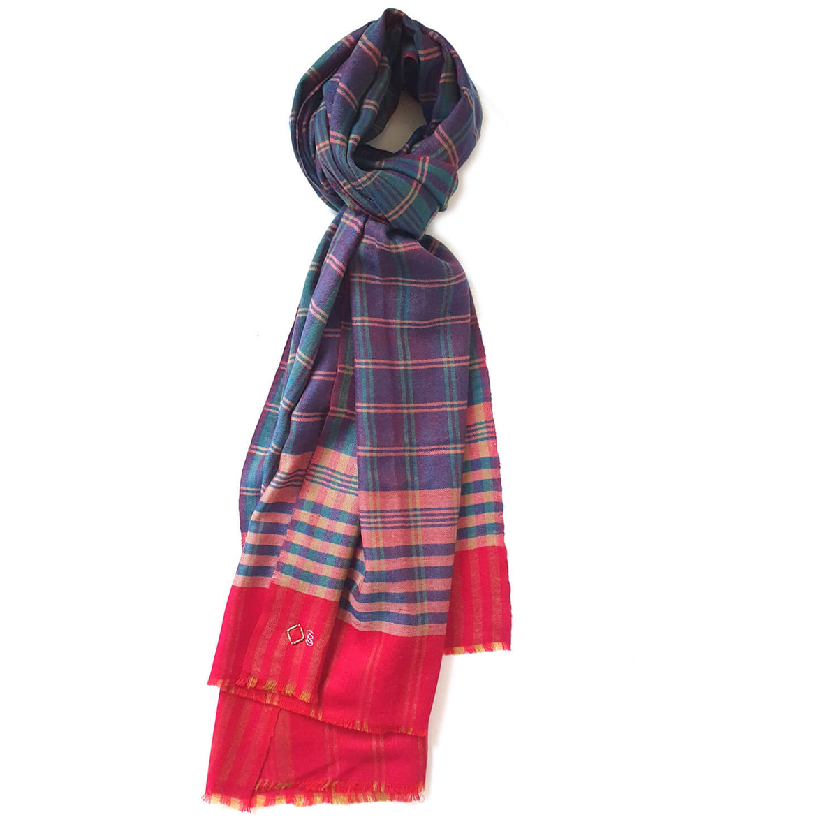 KRIA Pashmina Kaschmir Schal, geknotet mit Tartan-Karo in Petrolgrün und Violett, Beigelinien und roten Enden.