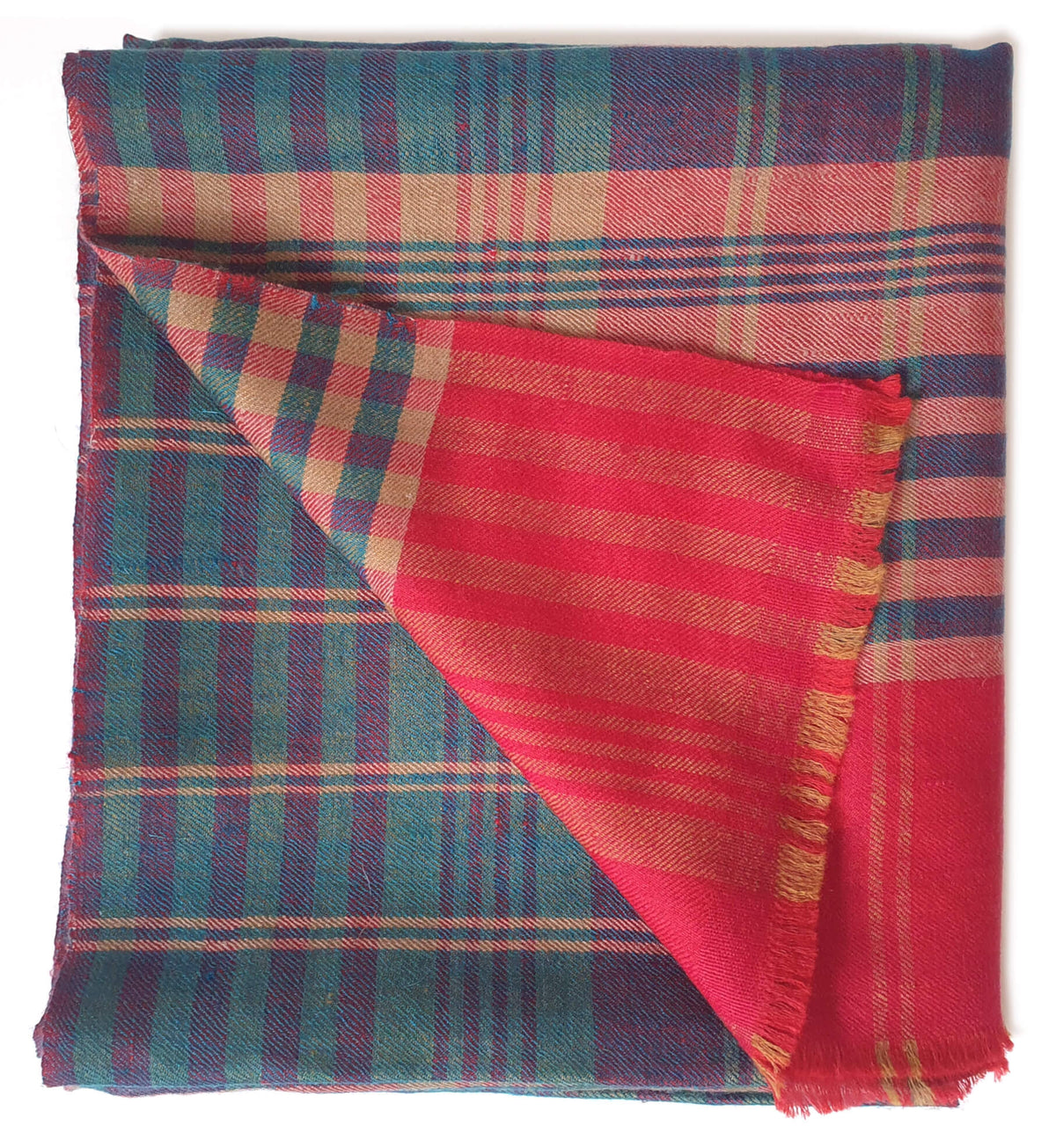 KRIA Pashmina Schal aus 100% Kaschmir, Tartan-Detail in Petrolgrün, Violett und Beige mit roter Fransenbordüre.
