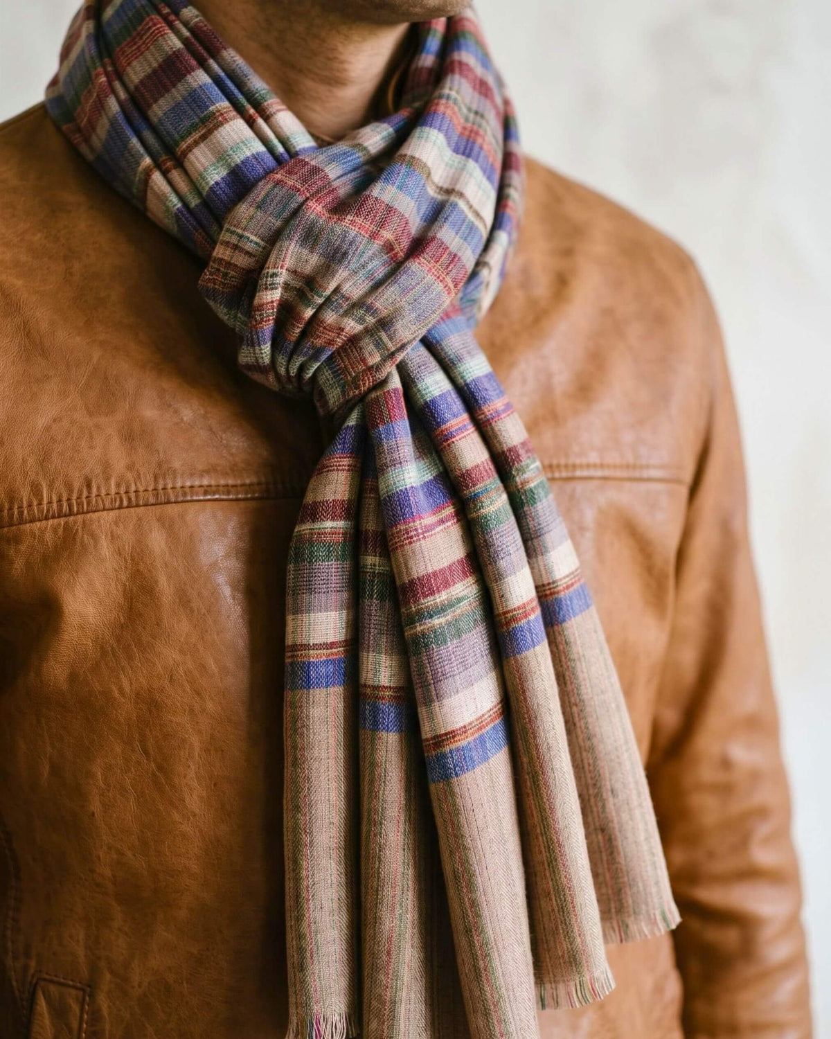 LENNON Pashmina mit mehrfarbigen Streifen auf Taupe, locker geknotet zu einer cognacfarbenen Jacke