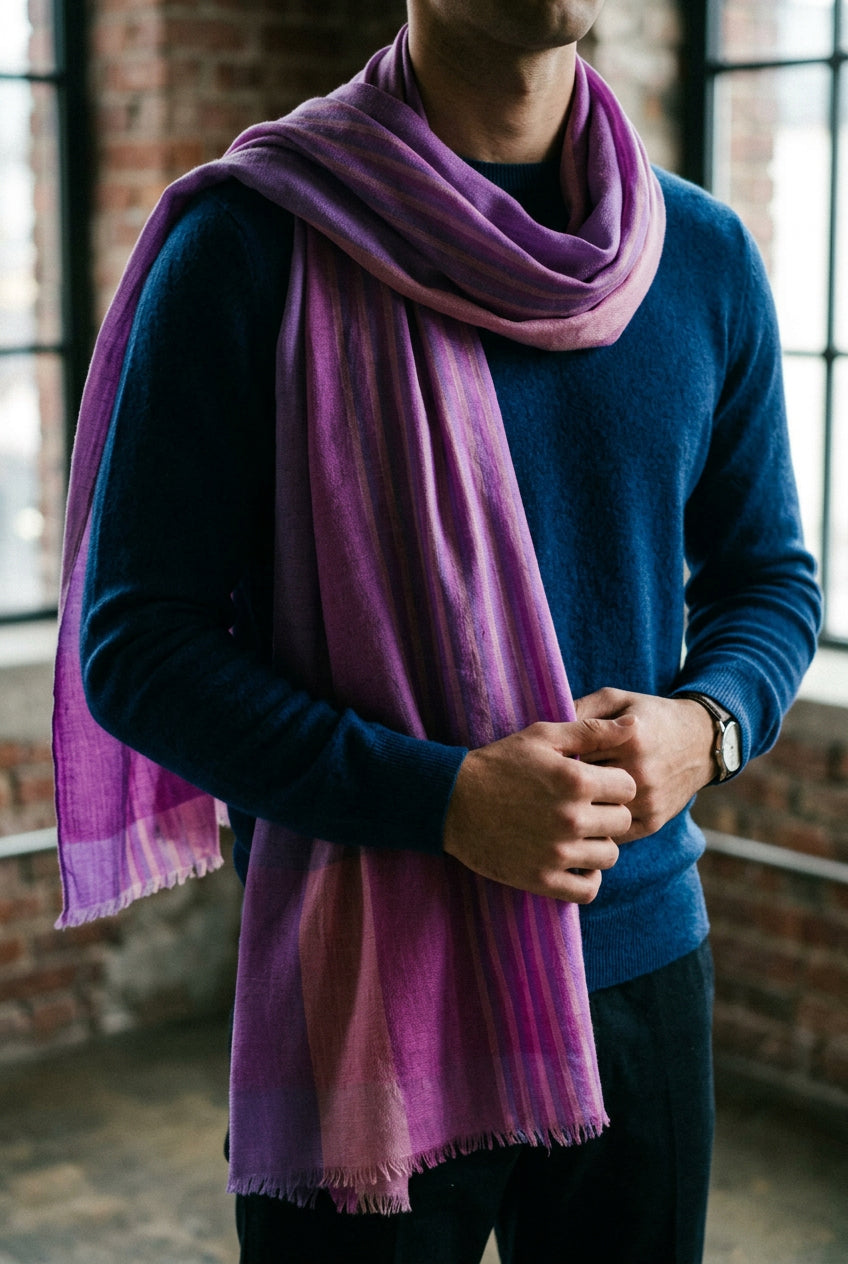 LILOU Pashmina-Schal in Flieder und Rosé mit feinen Streifen, schräg über eine Holzstange drapiert.