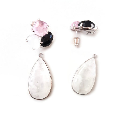 VIVANA in Weiss mit abgenommenen Tropfenanhängern und rosa, schwarzen und weissen Steinen an den Steckern.
